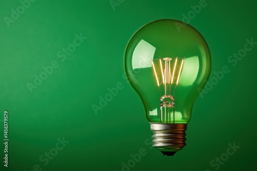 Green light bulb glowing brightly against a vibrant green background