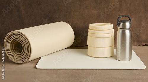 Cream Rolled Foam Mat, Stacked Rings, and Steel Water Bottle Still Life