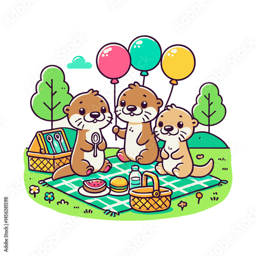 Three Cute Otters Having a Picnic with Balloons in a Green Grassy Field