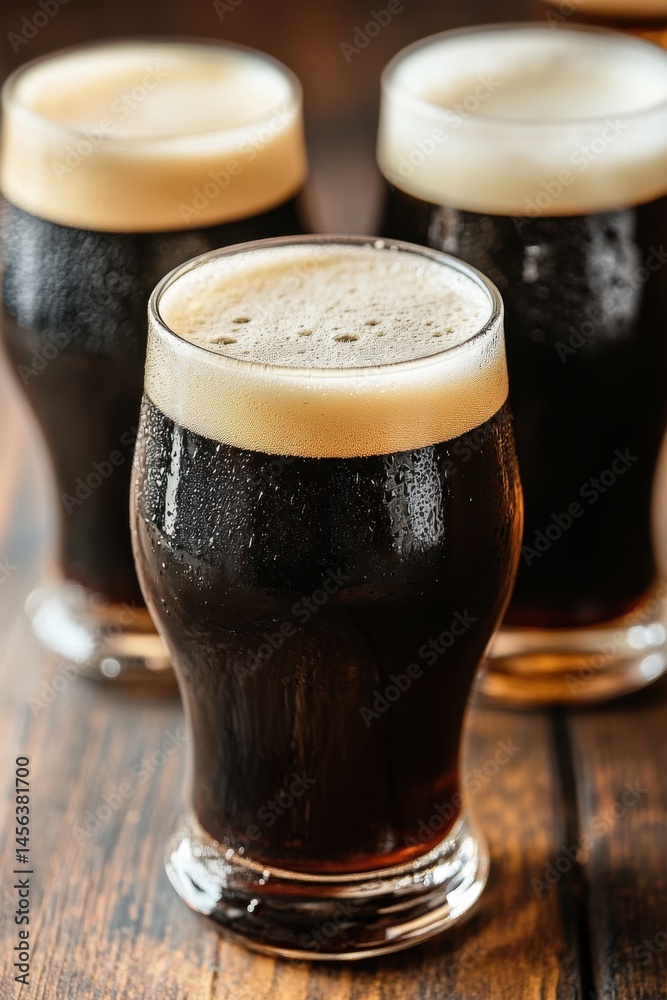 Dark beer served in glasses on wooden table at a cozy pub in evening light Dark beer served in glasses on wooden table at a cozy pub in evening light