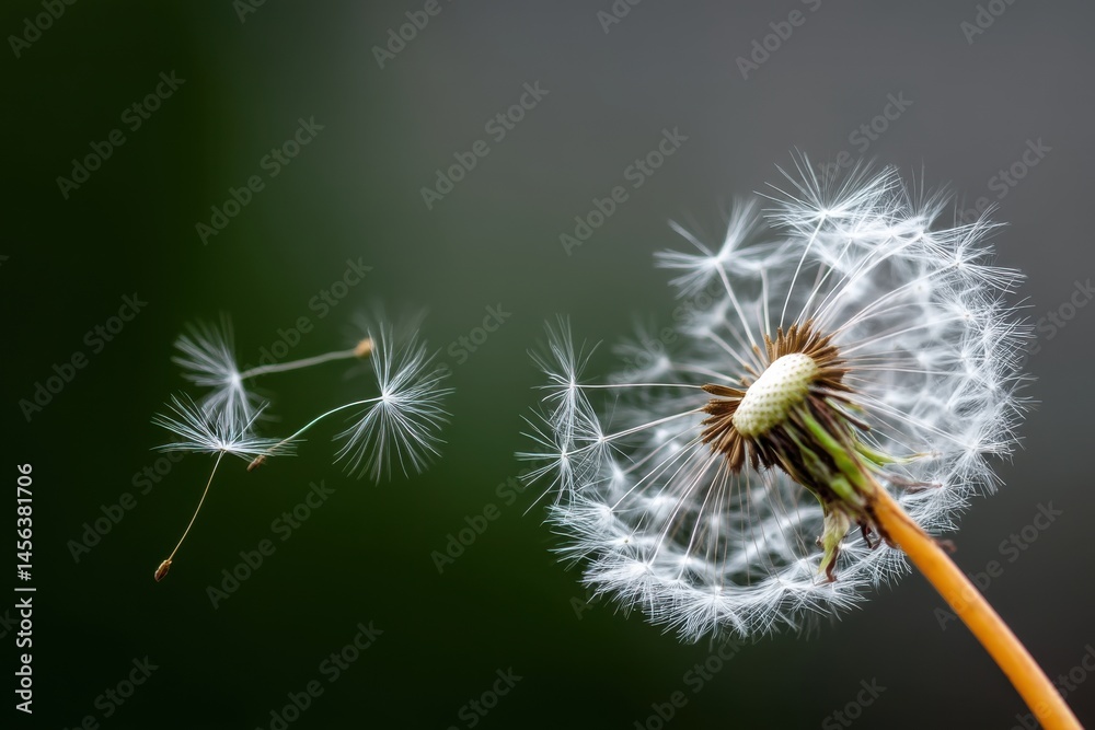 Fototapeta premium Dandelion seeds float gracefully in the air on a calm day in a lush green background