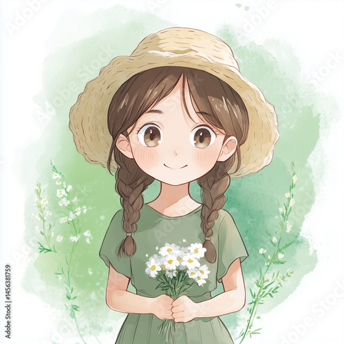 shy girl holding white flowers in country style outfit

