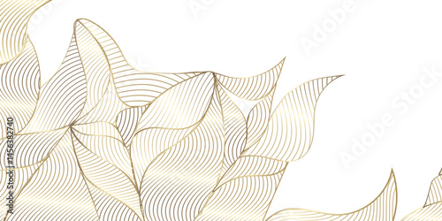 Abstract Vector line gold ornament fancy nature elegant vintage background. Hand drawn wavy branches and leaves on white background design for decoration, wallpaper, cover, banner, poster card etc.