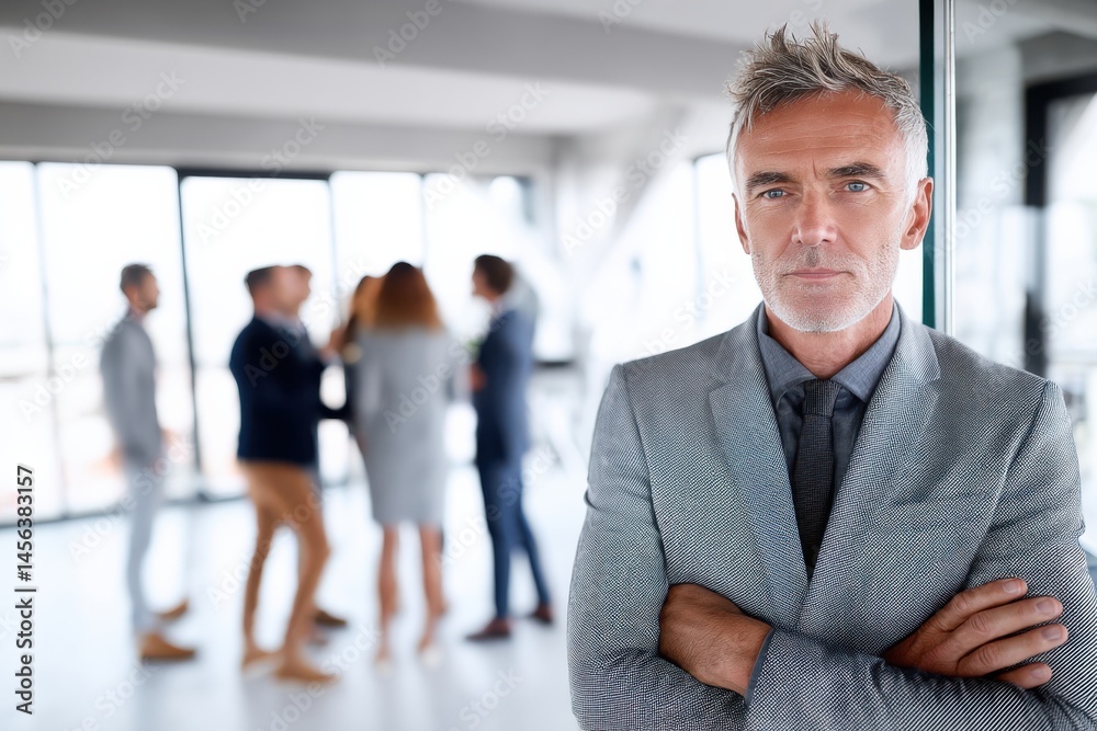 Fototapeta premium Professional man observes group discussion in modern office during business meeting