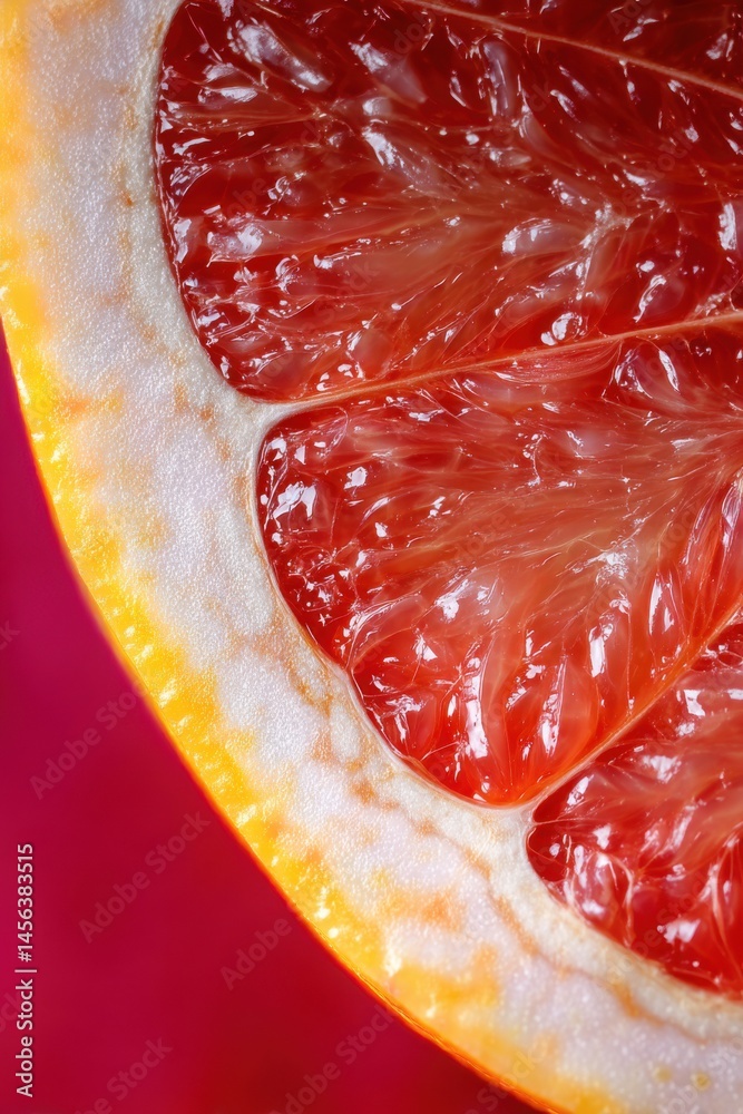 Close-up view of juicy grapefruit showing vibrant segments and textured pulp with colorful background Close-up view of juicy grapefruit showing vibrant segments and textured pulp with colorful background