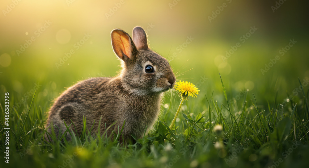 Fototapeta premium Wild rabbit bunny sniffing yellow flower in dreamy spring meadow grass.