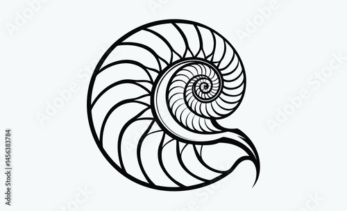 Nautilus shell silhouette, Nautilus sea shell or spiral round snail shell vector silhouette on white background