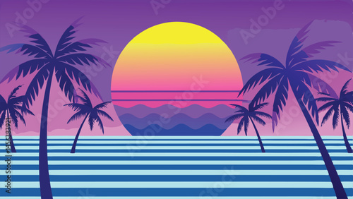 Vaporwave Tropical Sunset – Retro Neon Palm Beach Illustration photo
