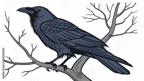 Vector black crow perched on branch against transparency background, showcasing its detailed feathers and sharp beak