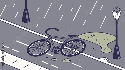 Vector broken bicycle lies on road, surrounded by raindrops, evoking sense of abandonment and melancholy