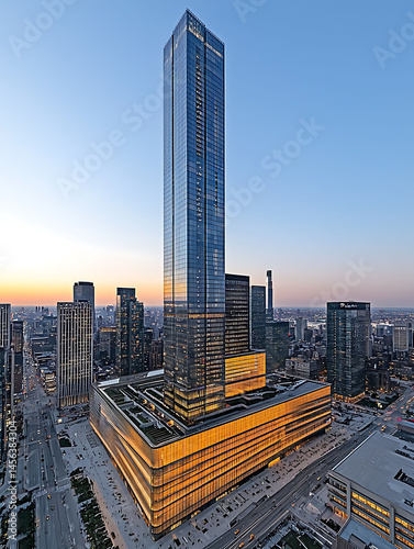 Stunning aerial view of a modern skyscraper complex at sunset.  The gleaming glass tower dominates the cityscape, its goldenhued base reflecting the warm light. photo