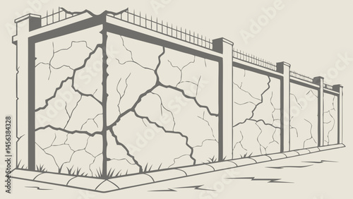 Vector cracked concrete wall with simple design, featuring fence on top and grass at base, evokes sense of neglect