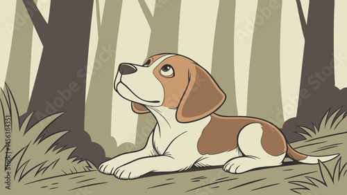 Vector cute puppy with brown and white fur is lying on grass, gazing up with curiosity in serene forest setting