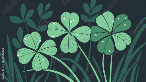 Vector vibrant illustration of green clover leaves with water droplets, set against transparency background, evoking freshness