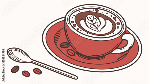 Vector red cup of coffee with milk on saucer, accompanied by spoon and coffee beans, evokes warmth and comfort