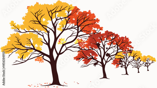 Vector hand painting row of trees in autumn colors, showcasing vibrant yellow and red leaves, creating beautiful seasonal display