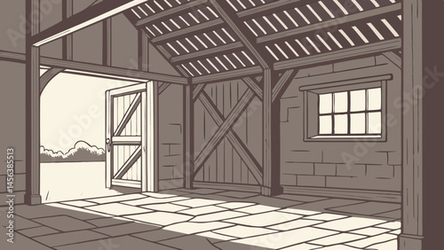 Vector spacious barn interior with high ceiling, featuring wooden beams and large door, creates rustic atmosphere