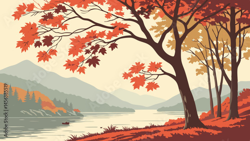 Vector Colorful autumn trees by serene lake, with mountains in background, create peaceful landscape scene