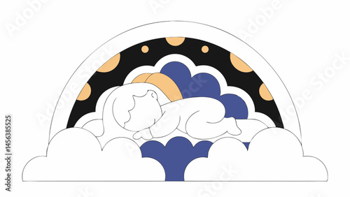 Vector serene illustration of sleeping baby nestled among clouds, with colorful rainbow backdrop, evoking sense of peace