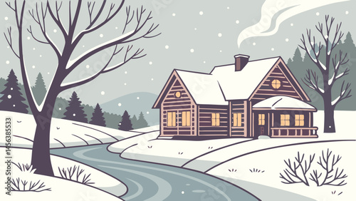 Vector cozy wooden house nestled in beautiful winter landscape, surrounded by snow covered trees and gentle stream flowing nearby