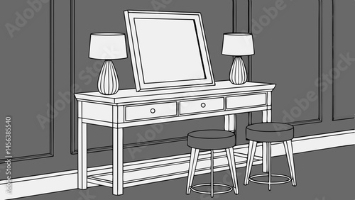 Vector hand-drawing, minimalist interior scene featuring console table with two stools, lamps, and empty frame, creating serene atmosphere