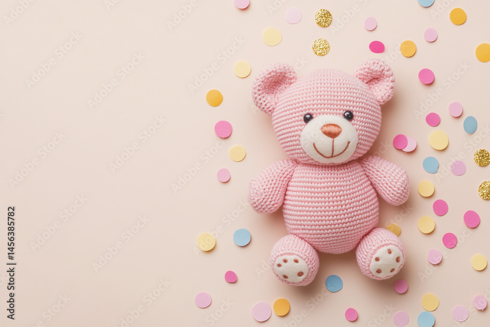 Obraz premium Pink crocheted teddy bear surrounded by colorful confetti on a pale pink background a cute baby shower image