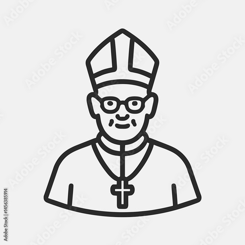 Outline icon of Catholic bishop wearing mitre and cross necklace, smiling elderly man in clerical attire