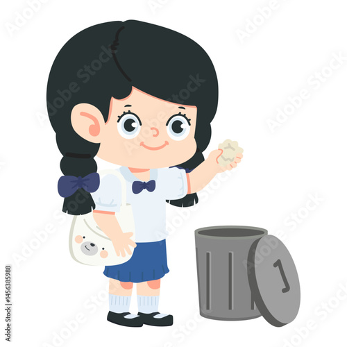 Cartoon Girl Disposing Trash in Bin