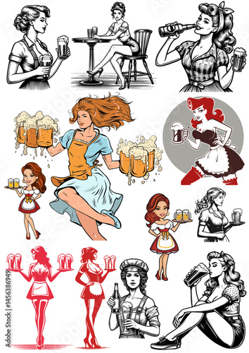 Sexy blond girl with beer, logo design invitation set