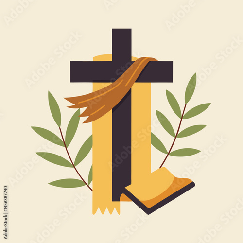 Simple Minimalist Cross with Olive Branches and Ribbon