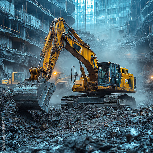 A large yellow excavator busy working on a construction site in a city environment.