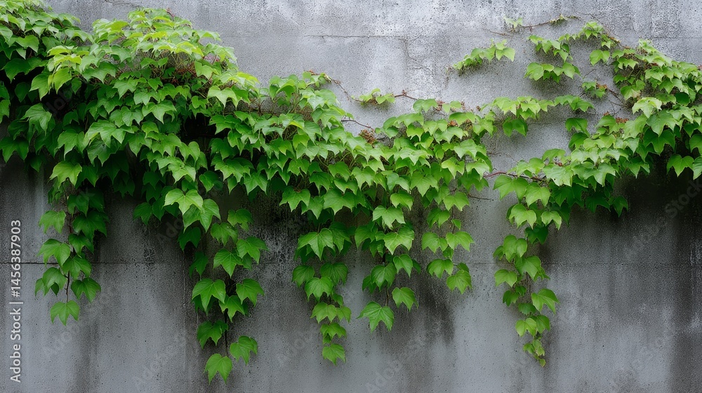 Vibrant green ivy and climbing plants intertwine with a raw concrete wall, creating a striking contrast between natural beauty and industrial elements Vibrant green ivy and climbing plants intertwine with a raw concrete wall, creating a striking contrast between natural beauty and industrial elements