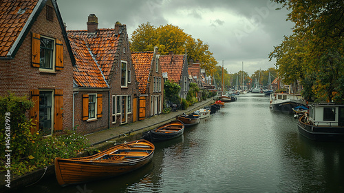 Picturesque view of a canal with boats, brick houses, and lush trees on a cloudy day.