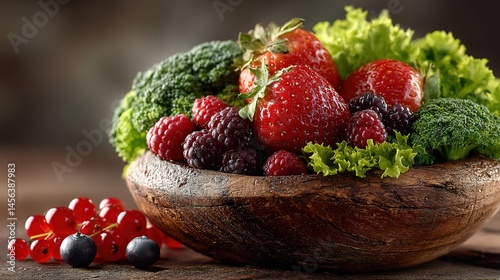 Fresh vegetables and fruits in a rustic bowl, celebrating natural abundance and wholesome living.