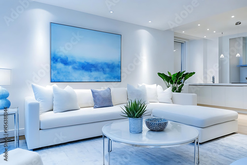 Abstract Art and White Sofa in Blue Contemporary Living Room