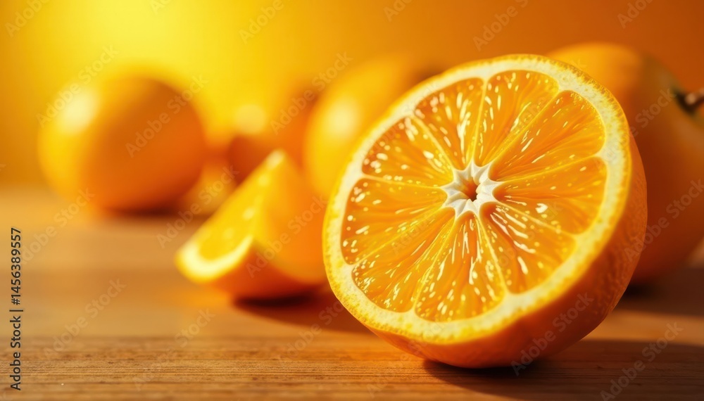 Fototapeta premium Sunlit orange slice, juicy segments, whole oranges background, organic, summer
