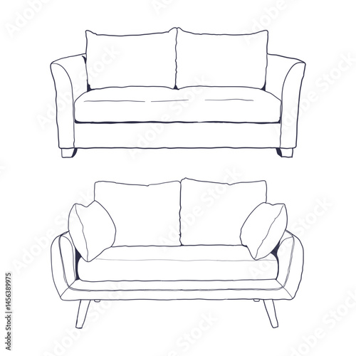 modern two-seater sofas drawn in minimalist line art style