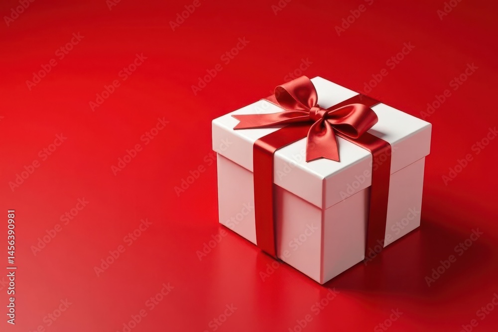Elegant white gift box on red, ample copy space, template, design, illustration Elegant white gift box on red, ample copy space, template, design, illustration