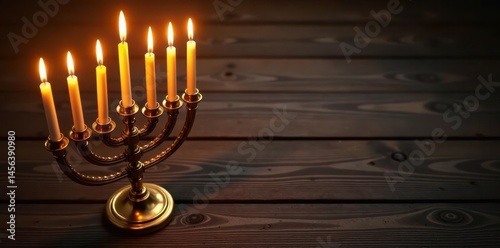Golden menorah with burning candles, wooden backdrop, overhead shot, wood, overhead, picture photo