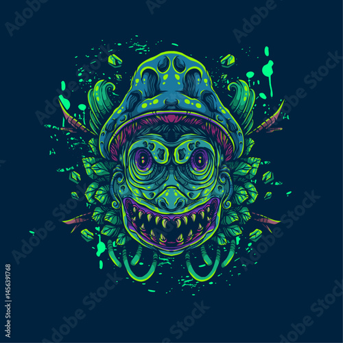 devil mushroom with leaf ackground artwork illustration