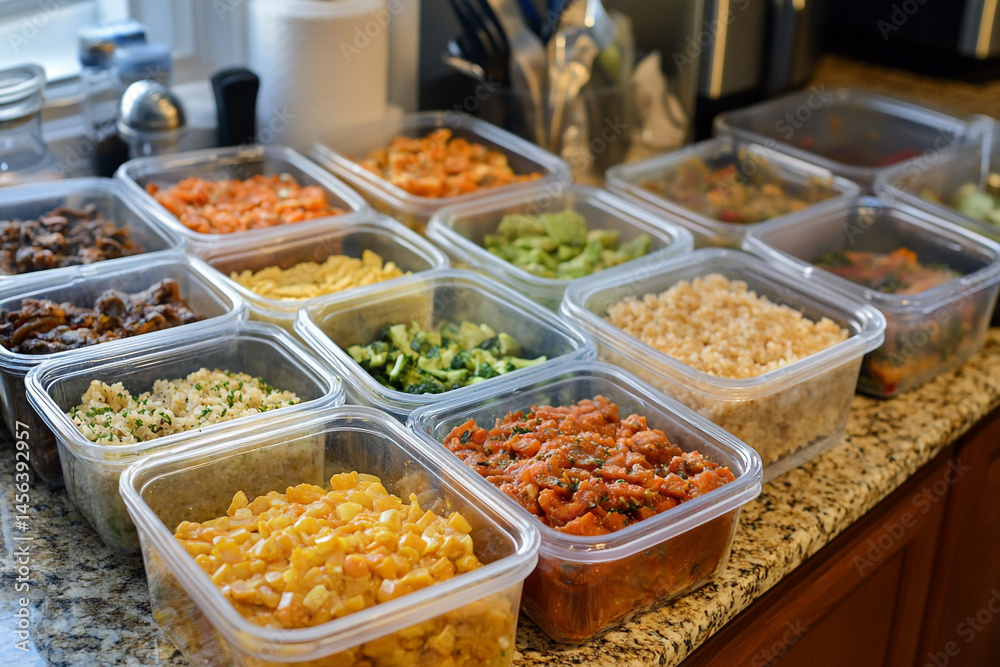 Prepared meals in clear plastic containers ready for the week healthy eating meal prep Prepared meals in clear plastic containers ready for the week healthy eating meal prep
