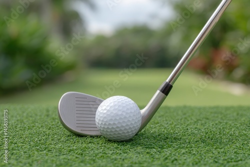 Golf Ball and Club on Green Turf