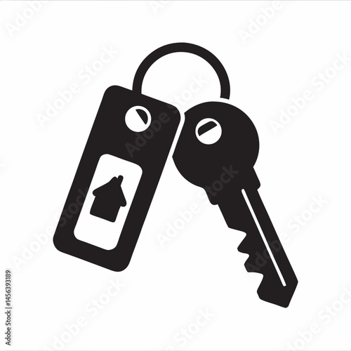 New Home Keys Symbolic Black White Illustration of House Keys with Keyring Tag Simple Design