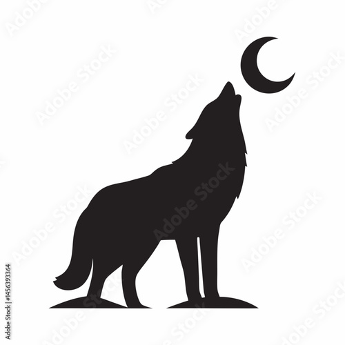 Lone wolf howling at the crescent moon a majestic nocturnal scene Bold black silhouette against a white background