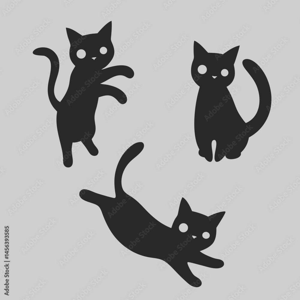 Fototapeta premium Playful black cat silhouettes three adorable kittens in action jumping sitting and pouncing minimalist vector art design