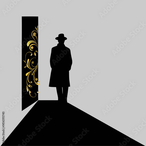 Mysterious silhouette man in hat entering ornate doorway black gold grey graphic design stark contrast simple shapes