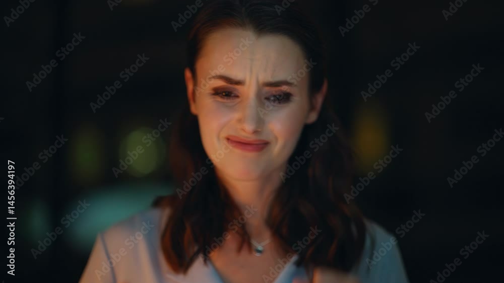 Worried manager failing startup feeling stress on night workplace closeup. Worried manager failing startup feeling stress on night workplace closeup.