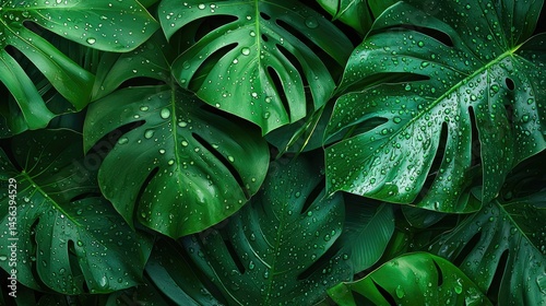 Close-up view of lush, tropical leaves with water droplets.