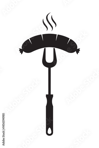 Grilled sausage on barbecue fork icon. Hot sausage on BBQ fork isolated sign on white background. Vector illustration