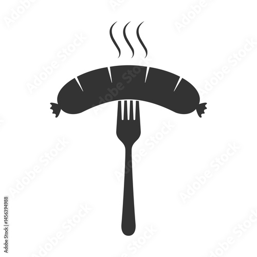 Grilled sausage on fork icon. Hot sausage on fork isolated sign on white background. Vector illustration
